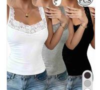 Shein 3 piezas Camiseta de encaje, Tops de unicolor transpirables para mujeres, Tops de camiseta ajustados sin mangas elegantes y encantadores, Camiseta sex