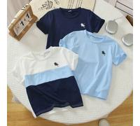 Shein 3 piezas Camiseta de manga larga con cuello redondo de moda simple para niño joven, el marrón se ve estable, las rayas marrón & albaricoque son alegre