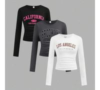 Shein 3 piezas Camiseta de manga larga y corta con cuello redondo, estampado de letras y fruncido lateral, informal para niñas preadolescentes, de vuelta al