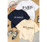 Shein 3 piezas Camiseta de mujer de manga corta y cuello redondo para verano, estampado retro de ubicaciones de ciudades americanas - París, Los Ángeles, Mi