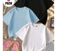 Shein 3 piezas Camisetas casuales de manga corta y cuello redondo para niñas en verano, Camisetas de colores que traen alegría y felicidad a cada niño! Tops