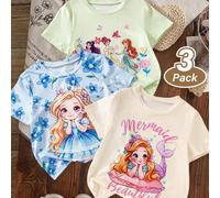 Shein 3 piezas Camisetas de manga corta con estampado de princesa y sirena en verde menta, azul claro y albaricoque para niñas pequeñas, estilo princesa dul
