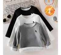 Shein 3 piezas Camisetas de manga larga tejidas para niño pequeño, diseño bordado de poni lindo, combinación tricolor clásica, adecuado para otoño/invierno