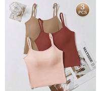 Shein 3 piezas Camisetas sin mangas acanaladas con acolchado para mujer, tops casuales y sexys de corte corto
