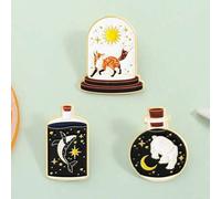 Shein 3 piezas Colección de arte de cuerpos celestiales de animales de dibujos animados Alfileres esmaltados Zorro Sol Oso Luna Ballena Estrella Insignia vi