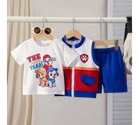 Shein 3 piezas Conjunto de niño, que incluye una parte superior de manga corta, pantalones cortos deportivos y un chaleco. El nuevo estilo presenta una part