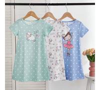 Shein 3 piezas Conjunto de pijama para niñas con estampado de ovejas lindas, incluye camisón largo de manga corta rosa y gris, minimalista y de moda