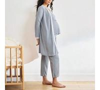 Shein 3 piezas Conjunto de pijamas de maternidad: Bata con ribete de encaje de manga larga + Top de camiseta para lactancia + Pantalones largos, ropa de oto