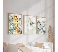 Shein 3 piezas de impresiones de arte con nombre personalizado, póster de lienzo de animales de la selva personalizados, imágenes de pared de elefante, jira