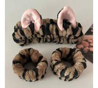 Shein 3 piezas Diademas con orejas de gato de rayas y puntos de múltiples funciones, Muñequera impermeable para lavarse la cara y maquillarse, Decoración de