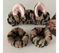 Shein 3 piezas Diademas con orejas de gato de rayas y puntos de múltiples funciones, Muñequera impermeable para lavarse la cara y maquillarse, Decoración de