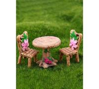 Shein 3 piezas Juego de mesa y sillas de jardín de hadas en miniatura, decoración de muebles de resina para casa de muñecas imaginativa con flores rosas y h