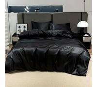 Shein 3 piezas Juego de ropa de cama de satén negro de lujo, suave y transpirable, resistente a las arrugas, promueve un mejor sueño, estilo de hotel, regal