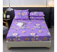 Shein 3 piezas Juego de sábanas ajustadas, 1 pieza sábana ajustada con estampado floral púrpura de poliéster + 2 piezas fundas de almohada, sin relleno, sua