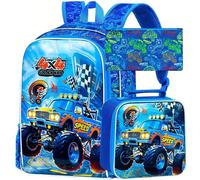 Shein 3 piezas Mochila de niños niños con diseño de camión monstruo azul, diseño de coche de carreras de llamas de la ciudad con logotipo "4x4 SPEED", cierr