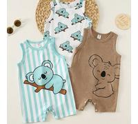 Shein 3 piezas Mono corto de verano casual cómodo y lindo para bebé recién nacido niño y niña, de punto con estampado de koala de dibujos animados, sin mang