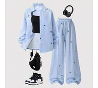Shein 3 piezas/Set Camisa de manga larga a rayas con estampado digital amarillo, pantalones largos negros, camisola, adecuado para uso al aire libre en prim