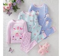 Shein 3 piezas/Set Conjunto de pijama para niña joven con estampado de criaturas marinas lindas en todo el Body, cuello redondo, ajuste ceñido, manga larga