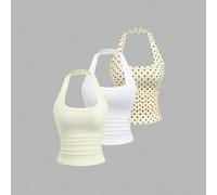 Shein 3 piezas/Set Tops de tirantes halter para mujer, estilo francés de verano, lunares & blanco, amarillo pálido, espalda descubierta, cintura ceñida, sex