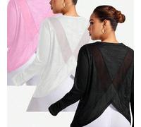Shein 3 piezas Tops deportivos talla grande para mujeres, cuello redondo de manga larga, parche de malla en la espalda, corte holgado, tela de camuflaje jac