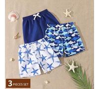Shein 3 piezas Trajes de baño de verano para niño pequeño con estilo de vacaciones en la playa, de unicolor y estampado de tiburón y estrella de mar en todo
