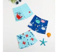 Shein 3 piezas Trajes de baño para niños con estampado digital de árbol tropical marrón y cangrejo, con diseño de cintura elástica, tela elástica y de secad