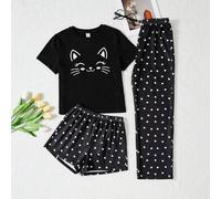 Shein 3 Unids/set Tween Girls' Casual Cat Pattern Camiseta De Cuello Redondo, Pantalones Con Patrón De Corazón Y Conjunto De Pijama Corto