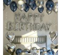 Shein 30-57 piezas Conjunto de globos de cumpleaños azul marino y plateado - Pancarta de "Feliz Cumpleaños" + Globos de corazón de papel de aluminio + Globo