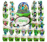 Shein 30 piezas Conjunto de decoraciones para cupcakes y banderines con tema de batalla de Minecraft, decoraciones de fiesta de mundo pixelado, suministros