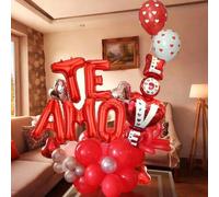 Shein 31 piezas Globos con letras "TE AMO" de 16", Globo de foil en forma de corazón grande y conectado, Globos de foil en forma de corazón rojo y plateado,