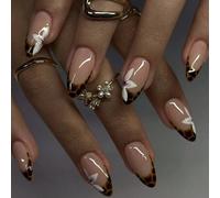 Shein 32 piezas de uñas postizas cortas de almendra, estilo Y2K retro con estampado de leopardo marrón chocolate y punta francesa con flor blanca, cobertura