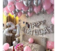 Shein 33/35 piezas Globos rosa y plateado, globo de letra "FELIZ CUMPLEAÑOS" plateado de 16", globo de número plateado de 32", globos de látex rosa y platea