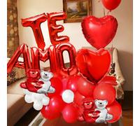 Shein 35 piezas de globos de corazón de foil con osos abrazados en rojo y blanco que dicen "TE AMO", adecuados para confesiones, propuestas románticas, fies