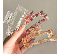 Shein 3pcs/1 pieza Pinzas para el cabello de plástico ligero estilo hada premium con estampado lindo de flor blanca, fresa rosa y naranja, cuadradas grandes