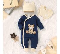 Shein 3pcs/Set, Bebé Niño, Suave y Cómodo, Casual y a la Moda Lindo, Patrón de Oso de Dibujos Animados con Bordado Flocado, Botón Asimétrico, Bloque de Colo