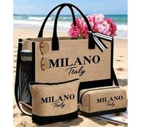 Shein 3pcs/Set Bolsa Tote de Lino Italiano Milán para Mujer - Bolsa Tote de Playa de Gran Capacidad con Bolsa de Cosméticos y Estuche de Maquillaje a Juego,