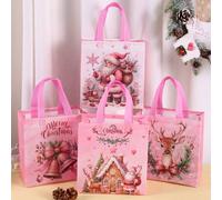 Shein 4/8 piezas Bolsas de regalo de Navidad de fieltro no tejido de color rosa, bolsas de tela rosa con estampado de Papá Noel, reno y casa de jengibre, bo