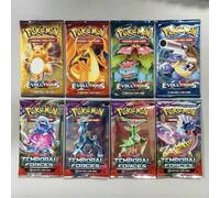 Shein 4 bolsas de cartas Pokémon en inglés TCG: Evoluciones, Escarlata y Violeta, Fuerzas temporales, Prismático 151, Estrellas brillantes ocultas, Colecció