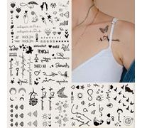 Shein 4 hojas de pegatinas de tatuajes temporales en estilo boceto de pájaros, corazones, diamantes, notas musicales, palabras y latidos del corazón en negr