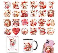 Shein 4 hojas de pegatinas de transferencia UV DTF con animales lindos del bosque en corazones de San Valentín, amor, para manualidades, diarios mixtos, tum