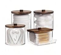 Shein 4 paquetes de envases cosméticos Qtip, dispensador de bastoncillos de limpieza cosmética redondos de 10/7 onzas, botella de medicina con tapa de bambú