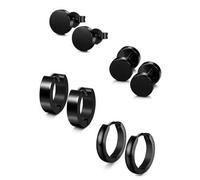 Shein 4 pares de aretes de acero inoxidable para mujeres, hombres y niñas, aretes de aro hipoalergénicos negros para perforación, aretes de botón negros de