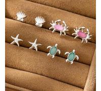Shein 4 pares de aretes tipo pendiente con diseños de caracola, estrella de mar y tortuga pequeña, minimalistas y multifuncionales
