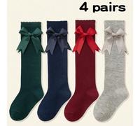 Shein 4 pares de calcetines a la pantorrilla de estilo princesa con lazo hecho a mano, borde de volantes, en verde, azul, rojo y gris, adecuados para bebés,