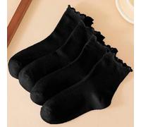 Shein 4 pares de calcetines casuales de media pantorrilla, livianos y transpirables, con rayas negras y unicolor con volantes, unisex