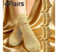 Shein 4 pares de calcetines cortos de mujer con brillo, calcetines cortos brillantes de color dorado, casual y retro para damas