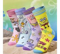 Shein 4 pares de calcetines de media caña suaves y transpirables que absorben la humedad, con diseños de personajes de dibujos animados, reforzados en los d