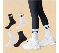 Shein 4 pares de calcetines deportivos casuales cómodos y transpirables con patrón de rayas negras hasta la pantorrilla para mujer, 1 par