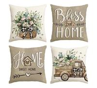 Shein 4 piezas AVOIN Colorlife Bless Our Home Funda de cojín con hojas de eucalipto al estilo casa de campo, Hogar dulce hogar Funda de cojín con volantes e