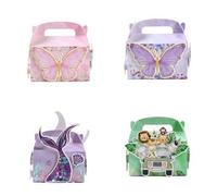 Shein 4 piezas Caja de regalo con tema de mariposa y sirena y animal de la selva en rosa y morado para fiesta de baby shower, caja de regalo con patrón lind